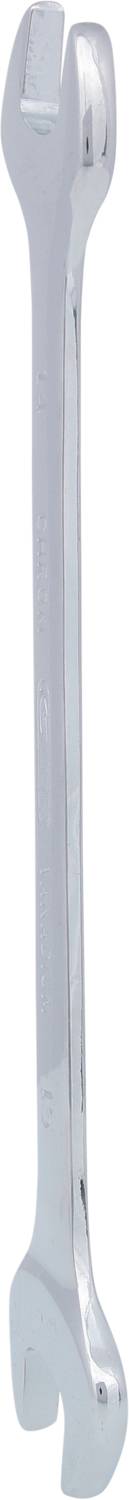 Ein silberner Schraubenschlüssel mit geöffnetem Ende, geeignet zum Anziehen oder Lösen von Muttern und Schrauben.