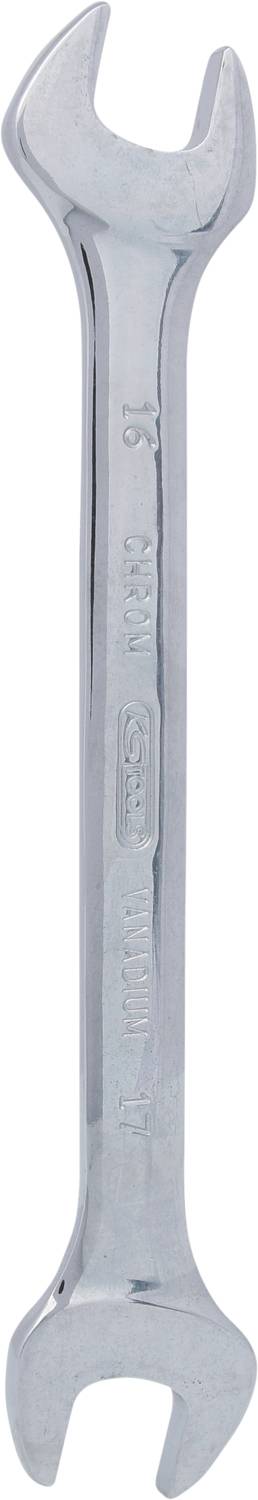 Ein Chrom-Vanadium-Schraubenschlüssel mit zwei unterschiedlich großen offenen Enden zur Befestigung von Muttern und Schrauben.
