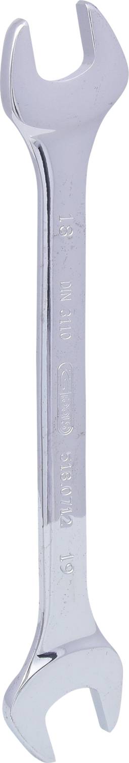 Ein silberner Schraubenschlüssel mit offenen Enden, der für das Anziehen oder Lösen von Schrauben und Muttern verwendet wird.