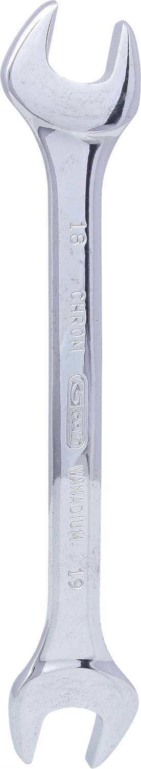 Ein silberner Schraubenschlüssel mit offenen Enden für verschiedene Schraubengrößen.