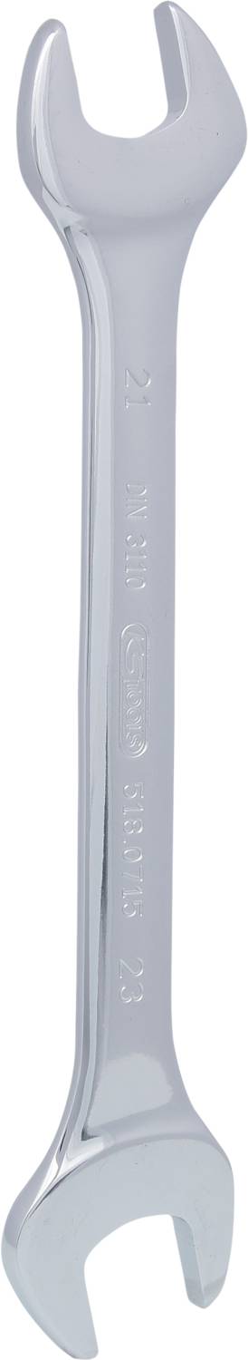 Ein silberner Schraubenschlüssel mit offenen Enden, geeignet für verschiedene Muttergrößen.