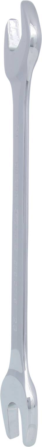 Ein silberner Schraubenschlüssel mit einem offenen Maul an beiden Enden, vor einem weißen Hintergrund.