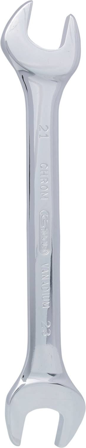 Ein silberner Gabelschlüssel mit offenen Enden, benutzt zum Anziehen oder Lösen von Muttern und Schrauben.