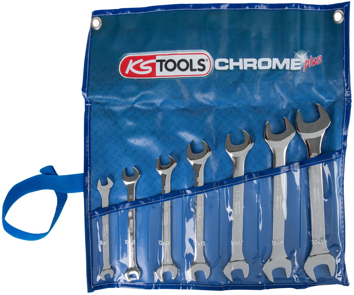 'Satz von acht verchromten Maulschlüsseln in einer blauen Tragetasche mit Logo 