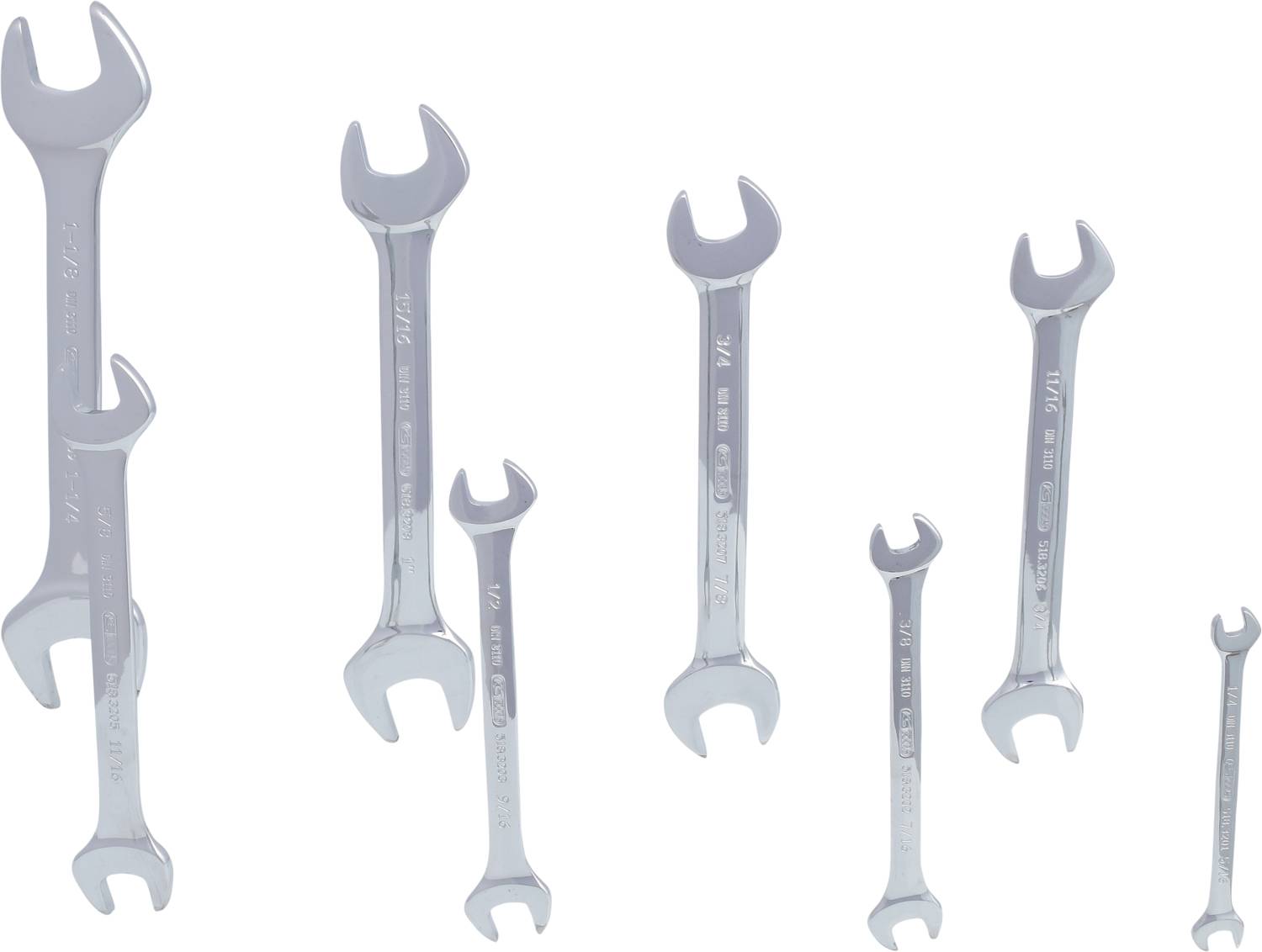 Mehrere silberne Schraubenschlüssel in verschiedenen Größen nebeneinander stehend.