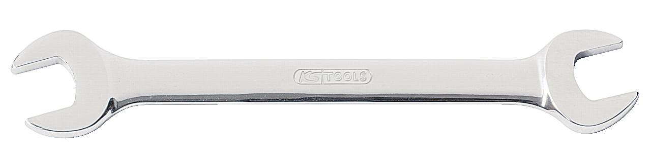 Silberner Schraubenschlüssel mit offenem Maul an beiden Enden, geeignet für verschiedene Schraubengrößen.