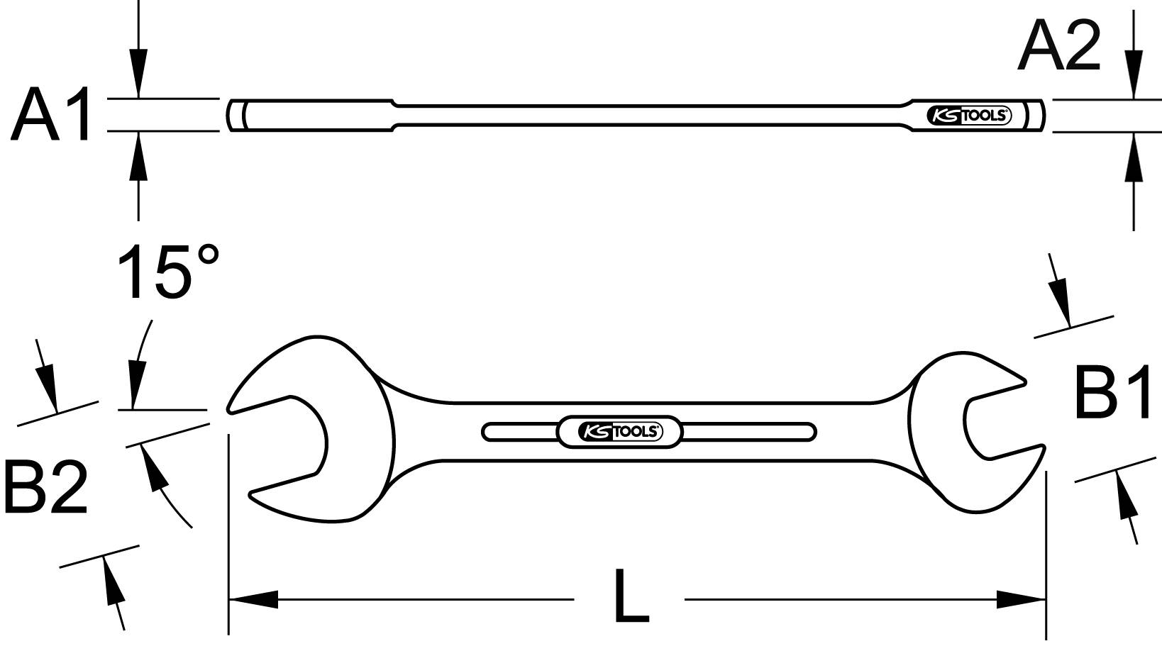 Technische Zeichnung eines Ringschlüssels mit Maßen: A1, A2, B1, B2, L. Der Schlüssel ist um 15° gebogen, Marke KS Tools.