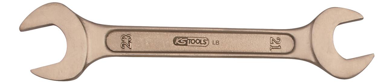 Doppelseitiger Gabelschlüssel der Marke KS Tools, Größe 21mm und 23mm. Werkzeug aus Metall. Geeignet zum Lösen oder Anziehen von Schrauben.