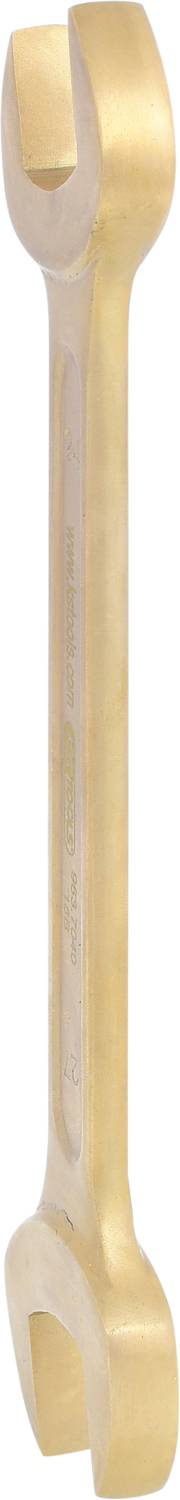 Ein goldener Maulschlüssel mit zwei unterschiedlich großen Öffnungen an den Enden, zur Verwendung bei Schraubarbeiten.