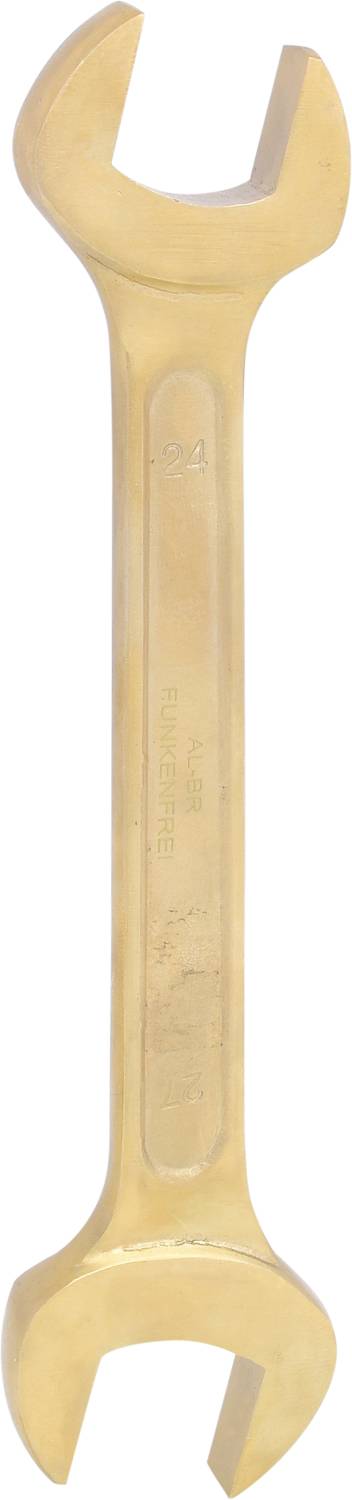 Doppelseitiger Schraubenschlüssel aus Metall, hellbraun, mit zwei offenen Enden in unterschiedlichen Größen.