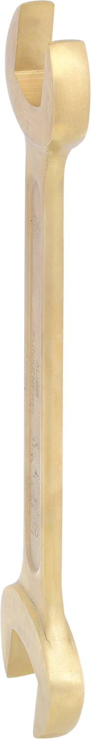 Ein goldfarbener Schraubenschlüssel mit offenen Enden, stehend gezeigt.