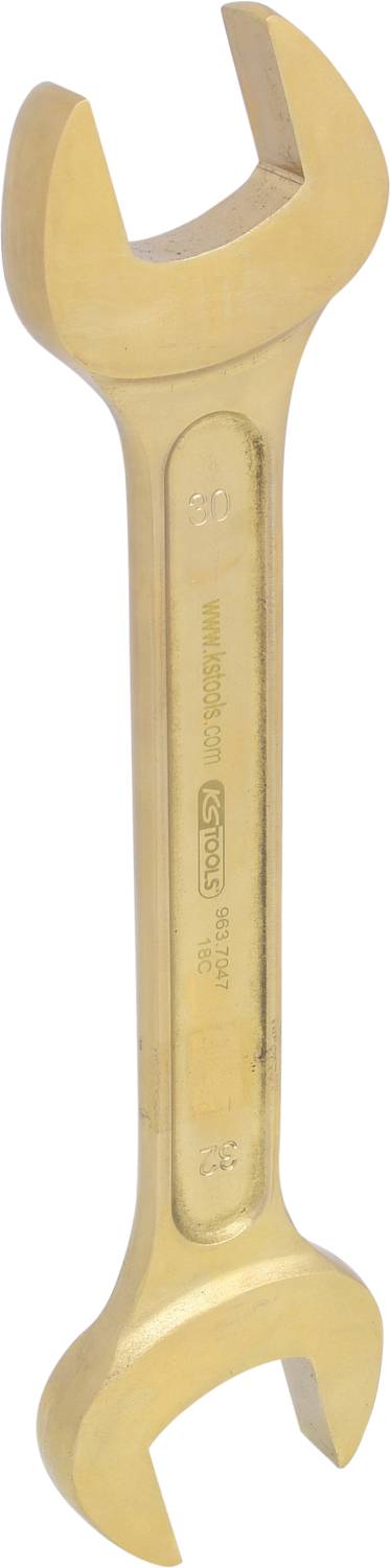 Ein goldener Schraubenschlüssel mit zwei offenen Enden unterschiedlicher Größe, aufrecht stehend.