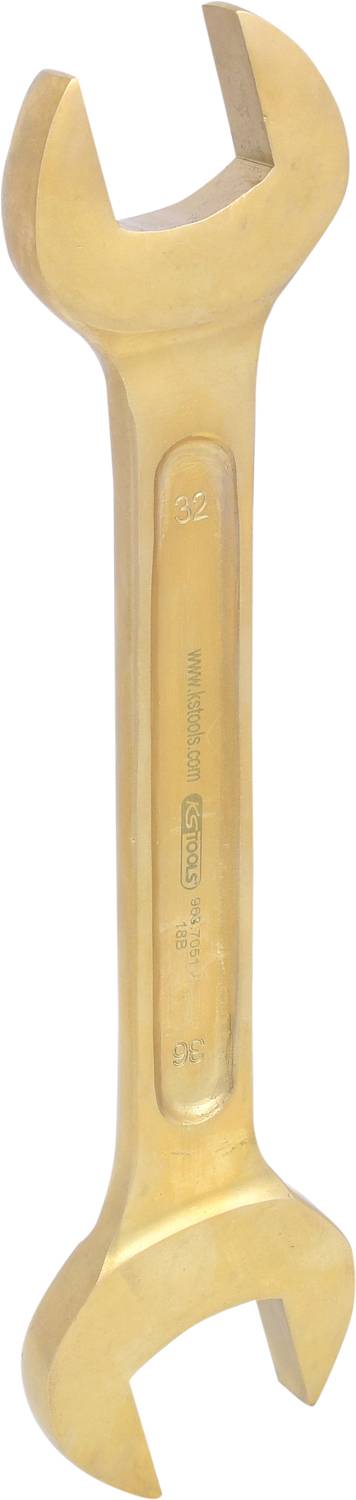 Ein goldfarbener doppelendiger Schraubenschlüssel mit offenen Enden, jeweils unterschiedlich groß, geeignet für mechanische Arbeiten.