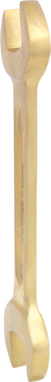 Ein goldener Schraubenschlüssel mit offenem Maul an beiden Enden, vertikal ausgerichtet und glänzend.