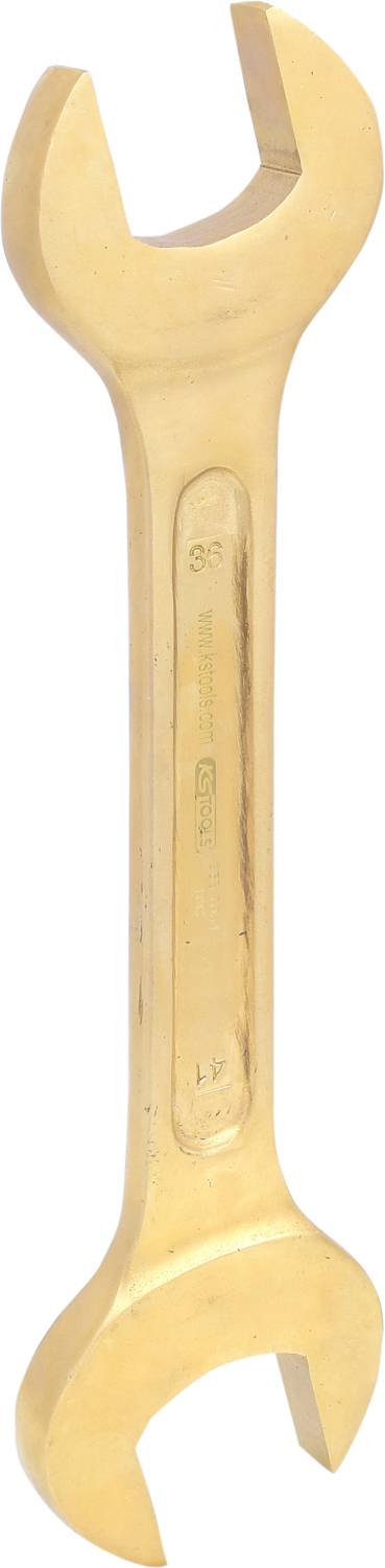 Ein goldener Schraubenschlüssel mit zwei offenen Enden unterschiedlicher Größe, vertikal ausgerichtet.