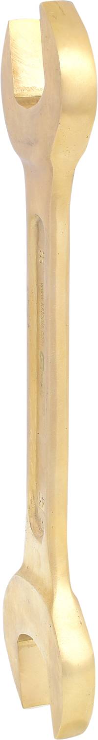 Ein doppelseitiger Schraubenschlüssel aus Metall mit einheitlicher Farbe, zum Anziehen oder Lösen von Schrauben und Muttern.