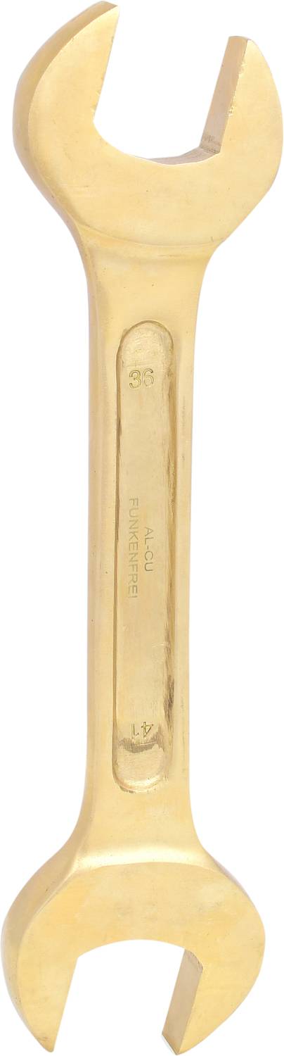 Ein doppelseitiger Gabelschlüssel aus Metall, eine Seite etwas größer als die andere. Geeignet für verschiedene Schraubengrößen.