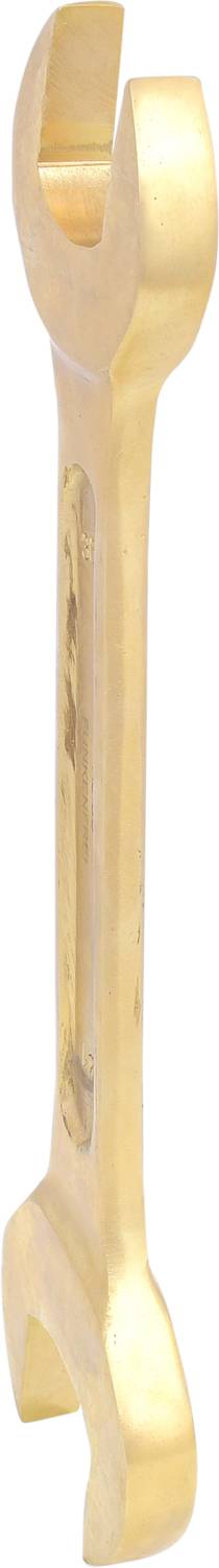 Ein goldfarbener Schraubenschlüssel mit offenem Maul an beiden Enden.