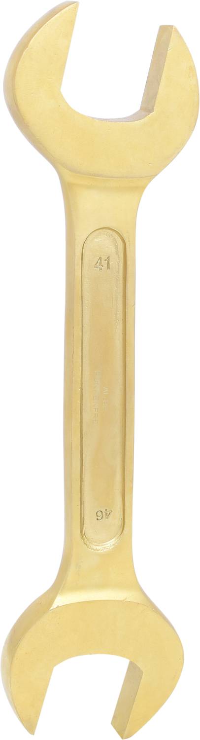 Ein goldener Schraubenschlüssel mit zwei unterschiedlichen Maulgrößen an den Enden.
