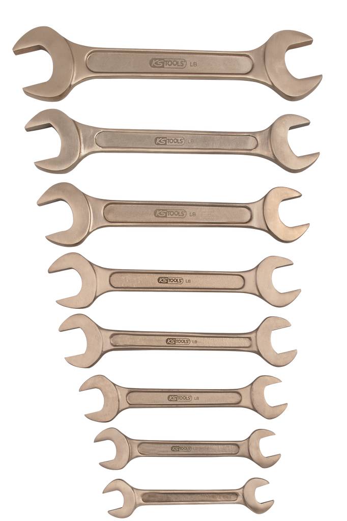 Eine Reihe von acht Schraubenschlüsseln in abnehmender Größe, gleichmäßig angeordnet. Alle Schlüssel sind aus Metall mit gleichem Design.