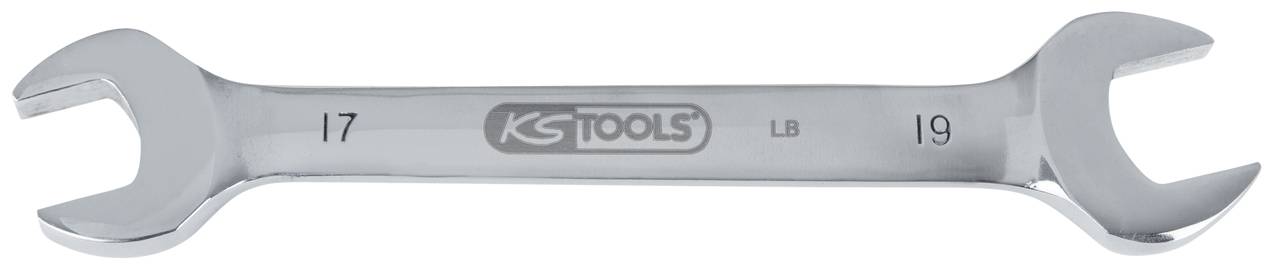 Ein silberner Doppelmaulschlüssel der Marke KS Tools mit den Größen 17 und 19 mm auf den Enden, geeignet für Schrauben.