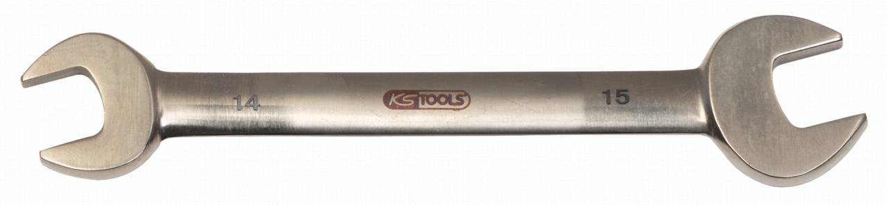 Ein silberner Gabelschlüssel mit zwei Enden, gekennzeichnet mit den Größen '14' und '15', und einem 'KS TOOLS' Logo in der Mitte.