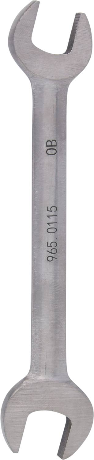 Schraubenschlüssel aus Metall mit offenen Enden in zwei verschiedenen Größen, gekennzeichnet mit 'OB' und '965-0115' auf dem Schaft.
