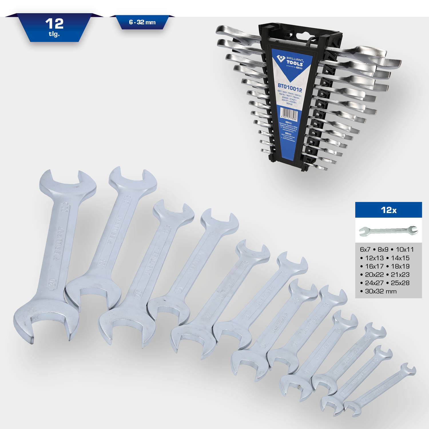 Satz aus 12 Schraubenschlüsseln, Größen 6-32 mm. Enthält Größenliste: 6x7 bis 24x27. Enthält Wandhalterung für einfache Aufbewahrung.