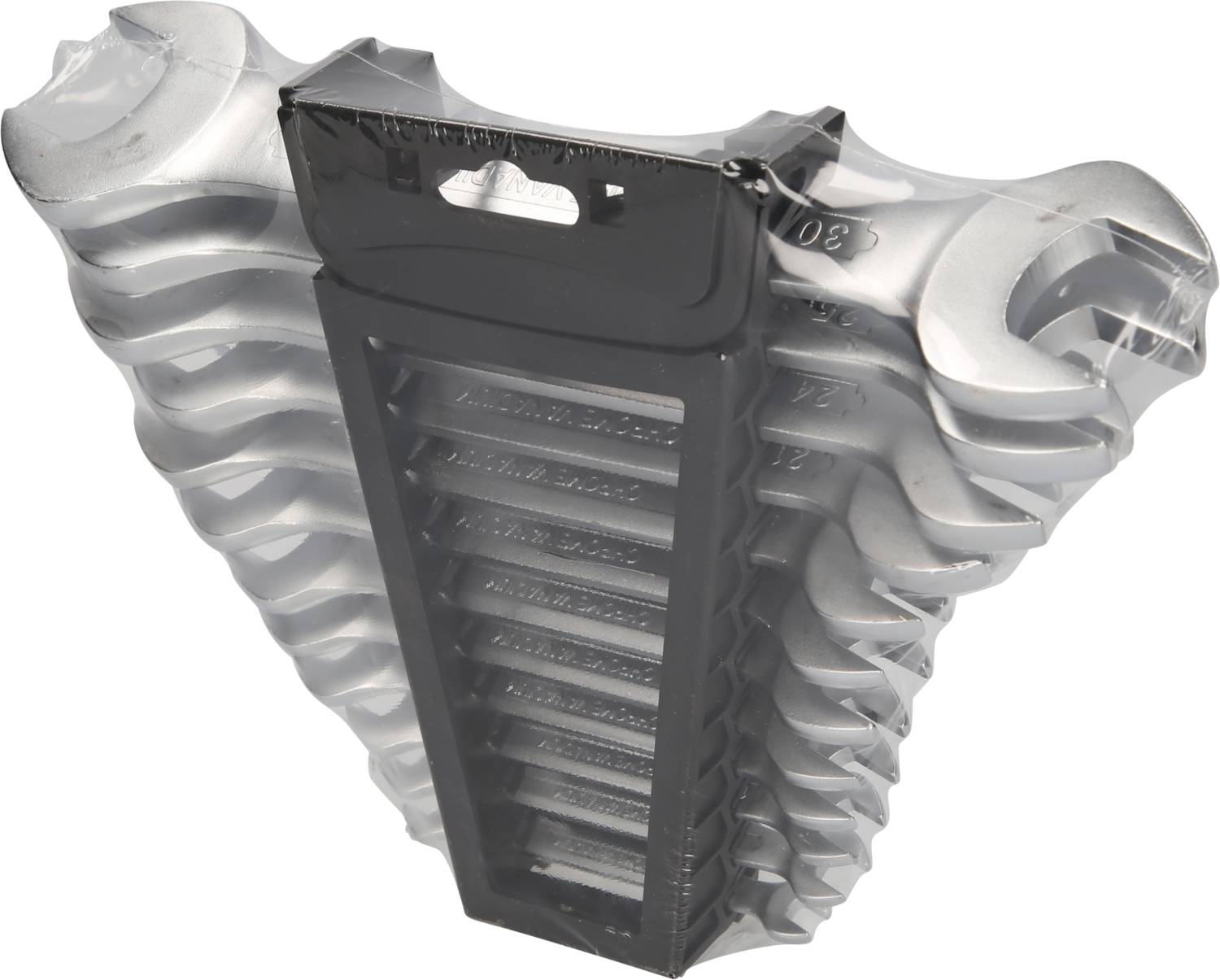 Ein Set von neun verchromten Schraubenschlüsseln in verschiedenen Größen, in Kunststoffverpackung angeordnet.