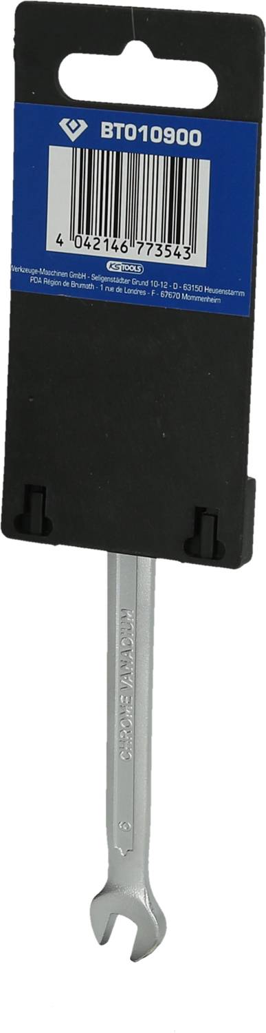 Ein silberner Maulschlüssel der Größe 13, verpackt in einer schwarzen Halterung mit einem blauen Etikett und Barcode oben.