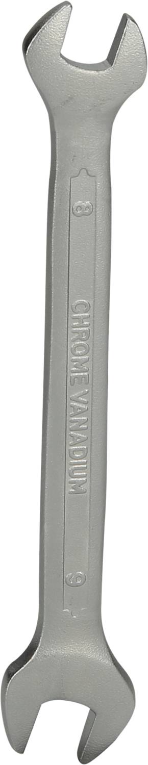 Silberner Gabelschlüssel, aufrecht positioniert, mit geprägtem Text auf dem Griff. Verwendet für Schraubendrehen und -lösen.