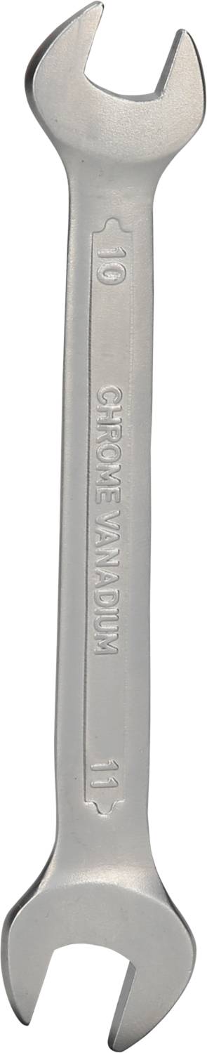 Ein silberner Schraubenschlüssel mit offenen Maul-Enden, gekennzeichnet mit '10' und '11'. Geeignet für Muttern dieser Größen.