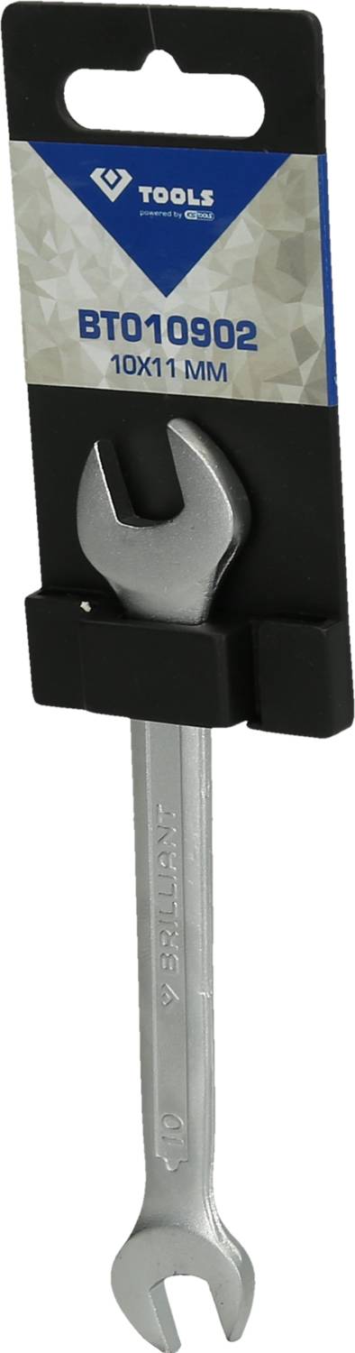 Ein silberner offener Schraubenschlüssel der Größe 10x11 mm, verpackt mit einem Etikett mit der Aufschrift 'TOOLS' und 'BT010902'.