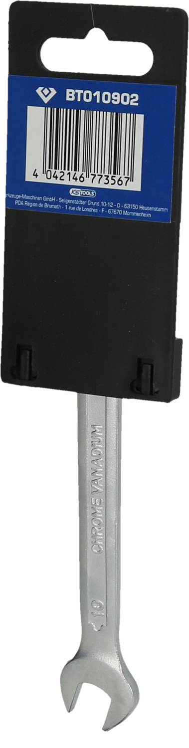 Ein Schraubenschlüssel in einer Verpackung, mit der Aufschrift 'BT010902'. Hintergrund ist weiß, Verpackung hat einen blauen Abschnitt.