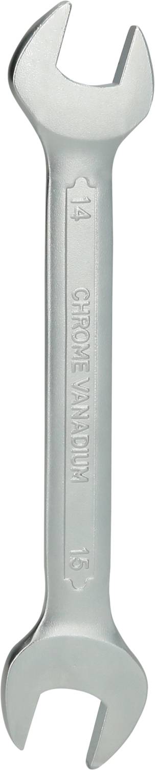 Ein silberner Schraubenschlüssel mit zwei offenen Enden, auf denen die Größen '14 mm' und '13 mm' eingraviert sind.