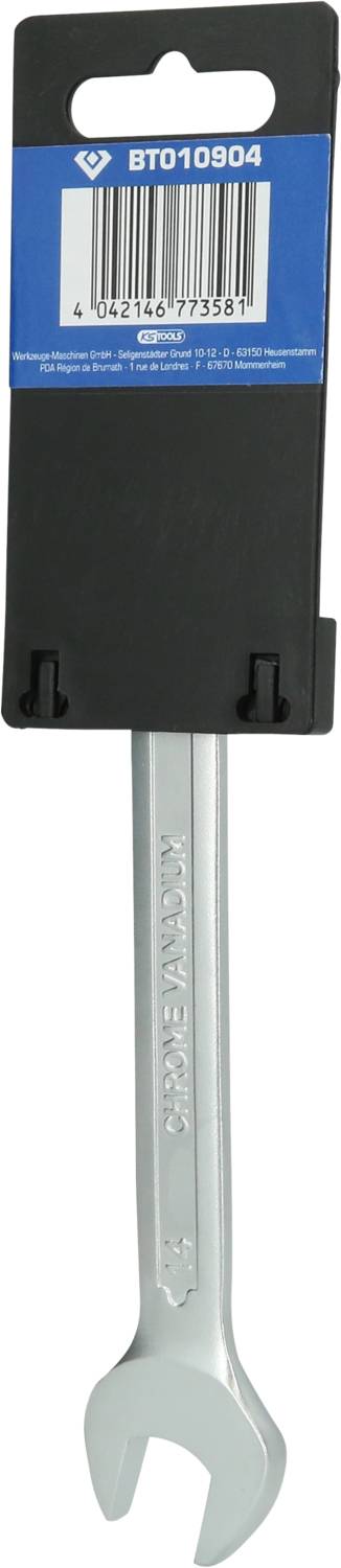 Ein Schraubenschlüssel mit einer blauen Verpackung oben, auf der der Text 'BT010904' steht, sowie ein Barcode darunter.