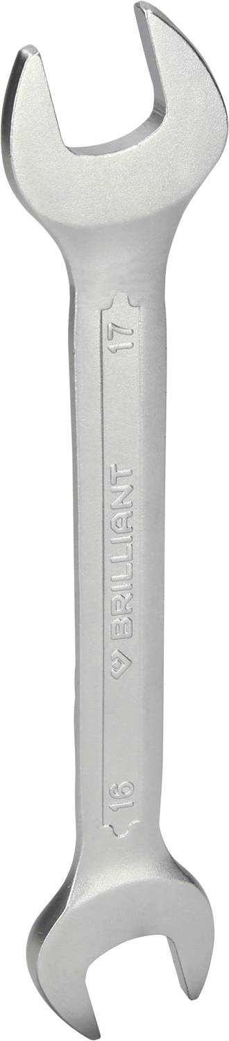 Ein silberner Schraubenschlüssel mit zwei offenen Maulenden, Markierung '17', geeignet für Schrauben dieser Größe.