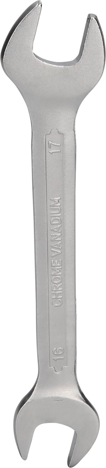 Ein silberner Schraubenschlüssel mit zwei offenen Enden. Die Größenangaben '16' und '17' sind eingeprägt.