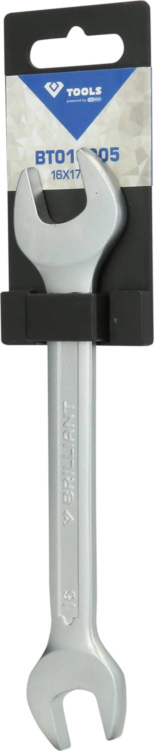 Ein silberner Schraubenschlüssel, an einer Verpackung befestigt, die mit einer Produktnummer und einem Markennamen bedruckt ist.