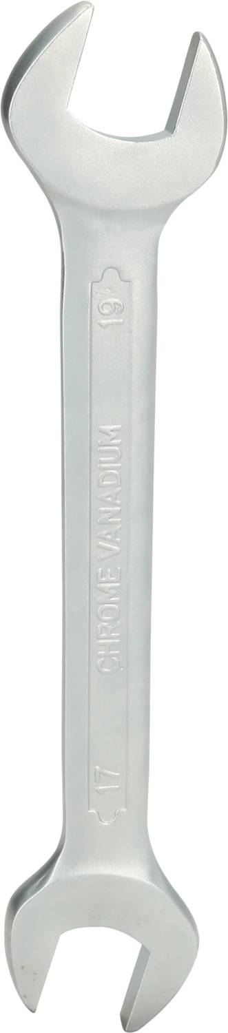 Ein silberner Doppelmaulschlüssel mit zwei unterschiedlich großen Enden, der zur Befestigung oder Lockerung von Schrauben dient.