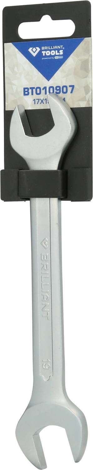 Schraubenschlüssel mit Verpackung. Bezeichnung 'BT010907', Größe 17x19 mm.