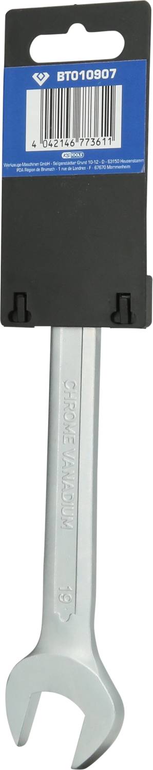 Schraubenschlüssel aus Metall mit einer blauen Verpackung oben, die einen Barcode und eine Seriennummer zeigt.