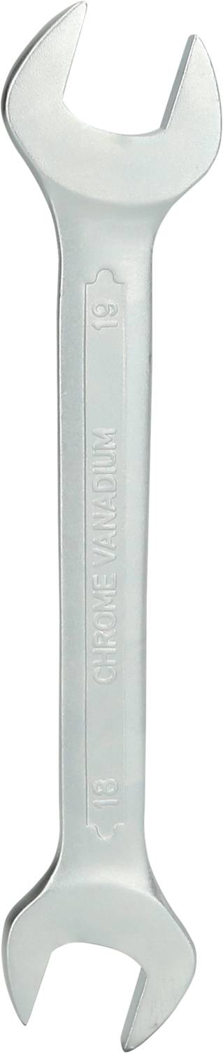 Ein silberner Gabelschlüssel mit zwei offenen Enden unterschiedlicher Größe.