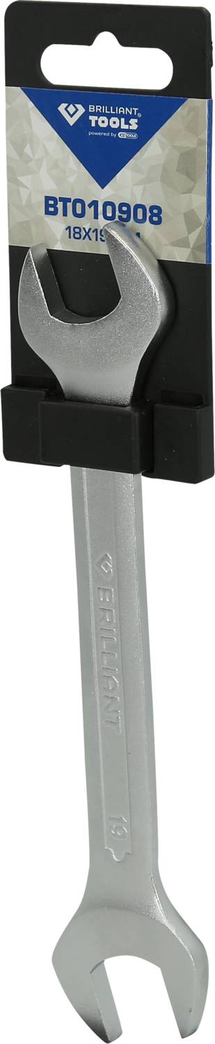Ein silberner Schraubenschlüssel mit der Größe '18x19'. Er ist auf einer schwarzen Halterung mit dem Aufdruck 'BT010908' befestigt.