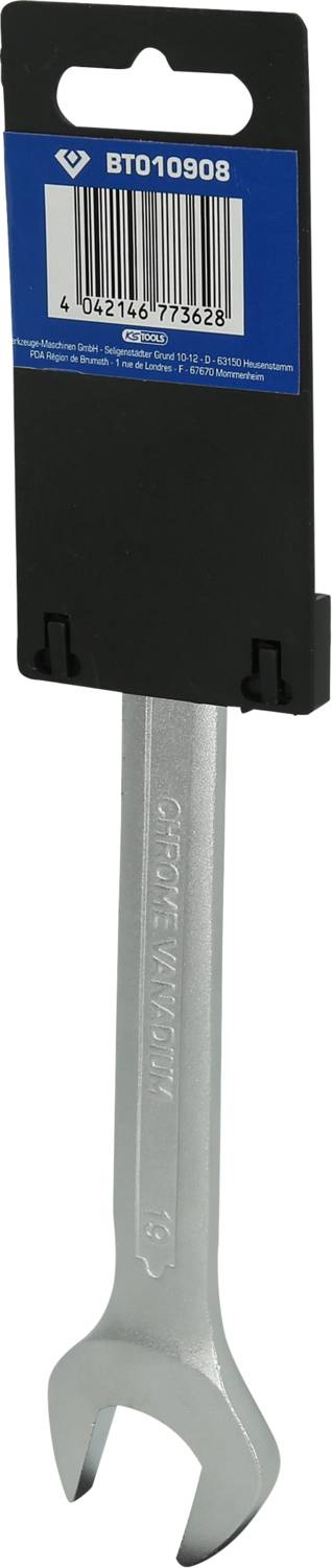 Ein silberner Gabelschlüssel mit einer blauen Kartonverpackung oben. Auf der Verpackung befindet sich ein Strichcode und die Aufschrift 'BT010908'.