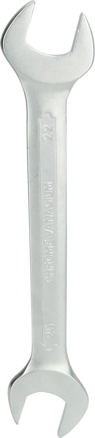 Ein silberner Schraubenschlüssel mit zwei unterschiedlich großen Maulöffnungen, geeignet zum Lösen von Muttern und Schrauben.