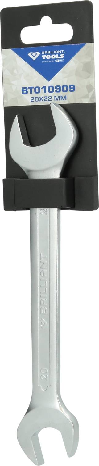 Ein silberner Schraubenschlüssel mit der Aufschrift 'BT010909 20x22 MM' wird vertikal in einer schwarzen Verpackung präsentiert.
