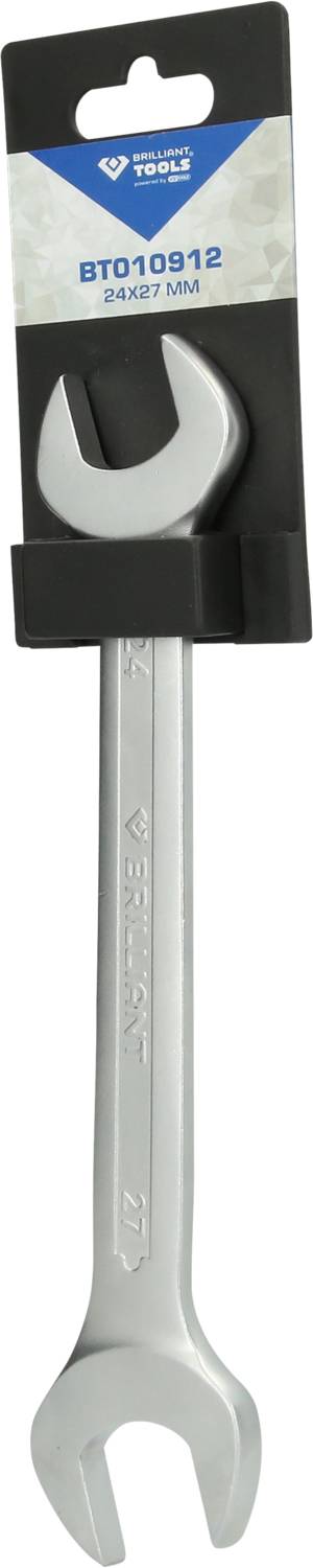 Schraubenschlüssel in der Verpackung mit der Aufschrift 'BT010912 24x27 mm'. Silberfarbenes Werkzeug, Marke nicht erkennbar.