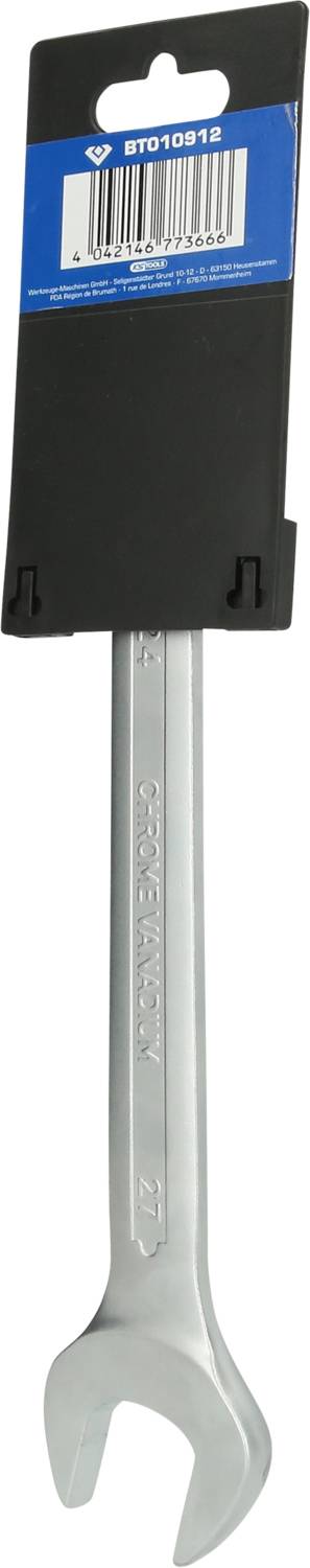 Ein silberner Gabelschlüssel mit Etikett und Barcode oben. Der Schlüssel hat die Aufschrift 'DIN-ISO 1711-1' für Standards.