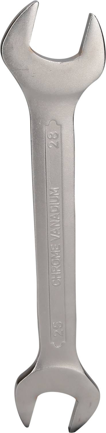 Ein silberner Schraubenschlüssel mit einer geschwungenen Form an beiden Enden. Eines ist größer für verschiedene Schraubengrößen.